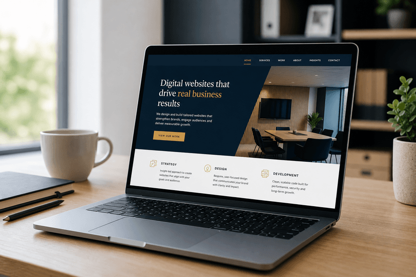 Laptop on a desk showing a clear conversion-focused homepage with a strong headline and call to action