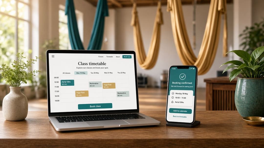 Laptop and phone showing a custom class timetable and booking confirmation in a UK pole and aerial studio