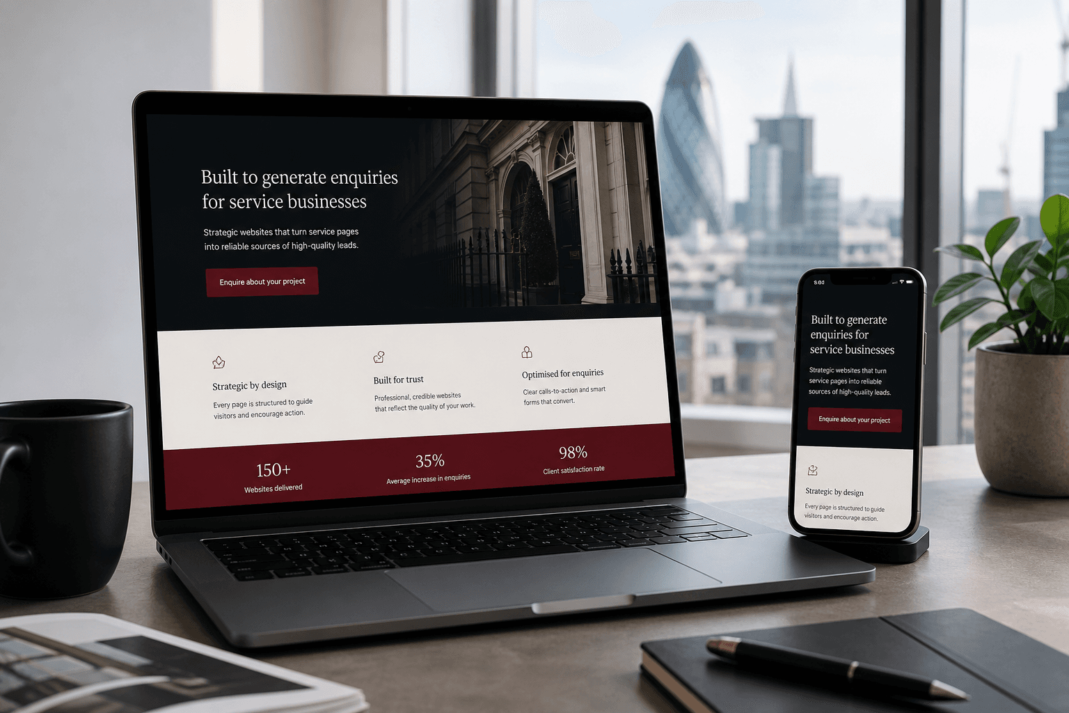 Laptop and phone showing a conversion-focused UK service website enquiry journey on a professional desk