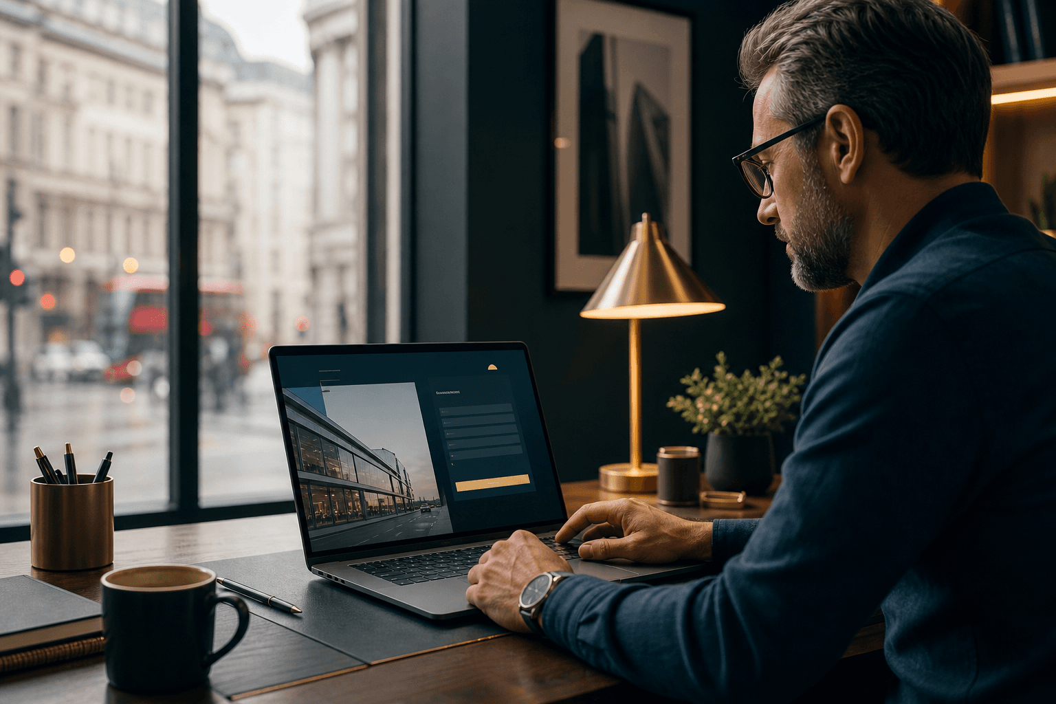 UK business owner reviewing a conversion-focused website and enquiry form on a laptop in a modern office