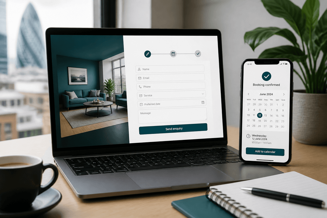 Laptop and smartphone showing a conversion-focused booking and enquiry form for a UK service business