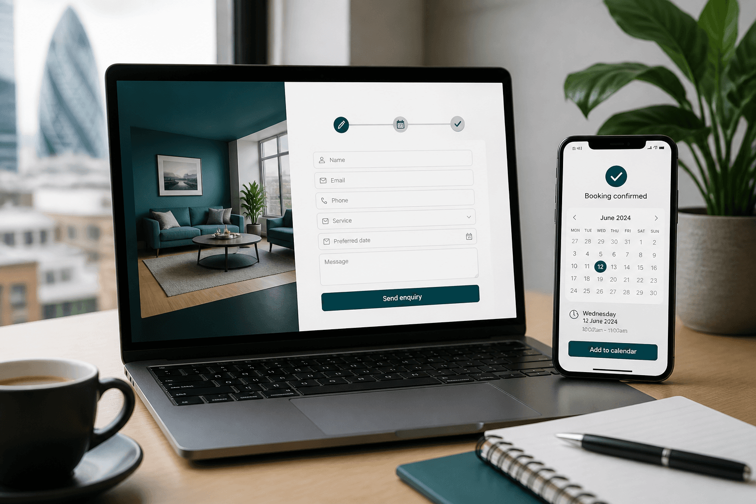 Laptop and smartphone showing a conversion-focused booking and enquiry form for a UK service business
