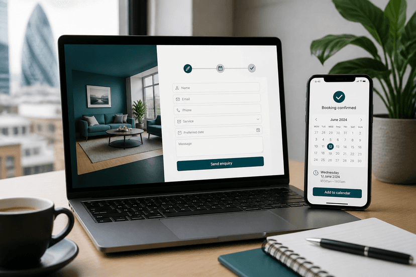 Laptop and smartphone showing a conversion-focused booking and enquiry form for a UK service business